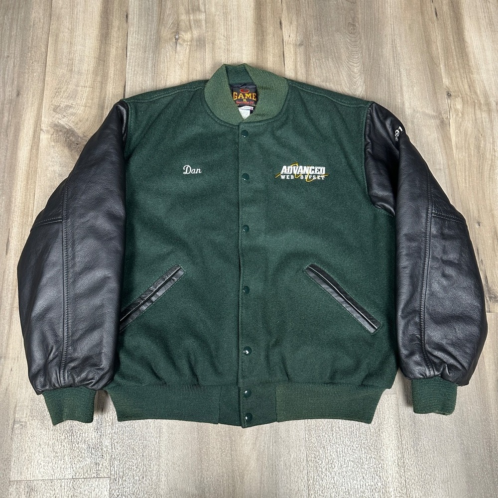 Vintage GAME Sportswear Wool Leather Varsity Jacket XL Green Black USA 1991
